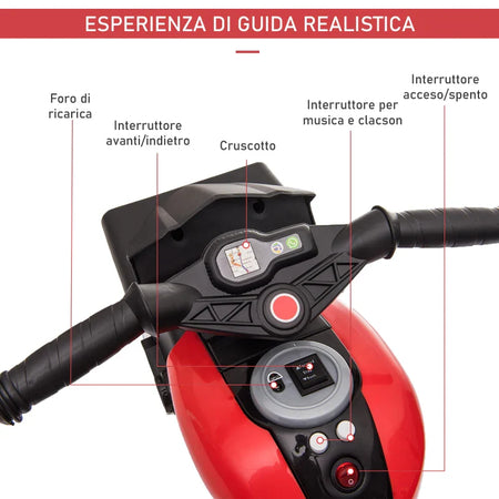 Moto Elettrica per Bambini 3-5 Anni (max. 25kg) con 3 Ruote, Luci e Suoni, Batteria 6V, Rosso, 86x42x52cm GF6370-102RDGF6