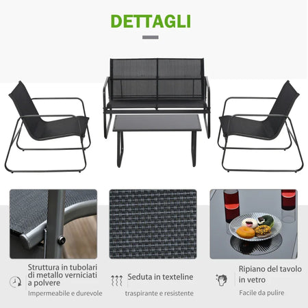 Set Tavolino con Panchina e 2 Sedie da Giardino, Arredamento da Esterno in Metallo e Texteline, Nero 84B-507