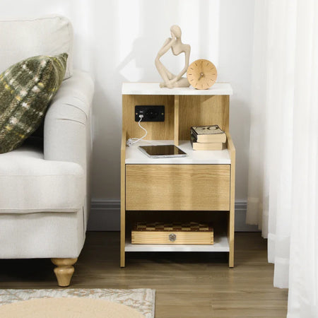 Comodino moderno con 2 Prese, 2 porte USB e Cassetto in truciolato, 40x40x60cm, Color Legno KL2831-668V90NDKL2