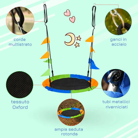 Altalena Rotonda a Nido per Bambini di +3 Anni per Giardino, Esterni, Interni, Cameretta, Multicolor Φ100x120-180Acm DF7344-031DF7
