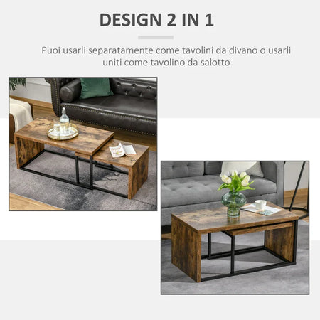 Set 2 x Tavolino Salvaspazio in Stile Industriale Legno MDF e Metallo Marrone e Nero CF9839-082CF9 , soggiorno salotto basso bianco grgio design moderno sala moderno alto divano camera vetro rotondo
