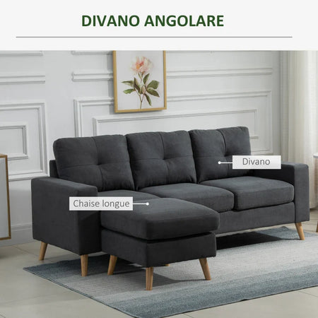 Divano Angolare 3 Posti con Penisola Chaise Longue Reversibile, Design Moderno in Lino Grigio, 193x136x 85cm 833-850