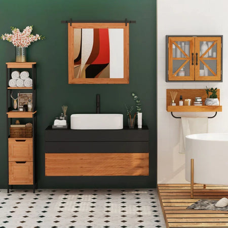 Colonna Bagno con 2 Cassetti e 3 Vani Aperti in Legno MDF e Bambù 30x30x144.3 cm YH2834-208YH2