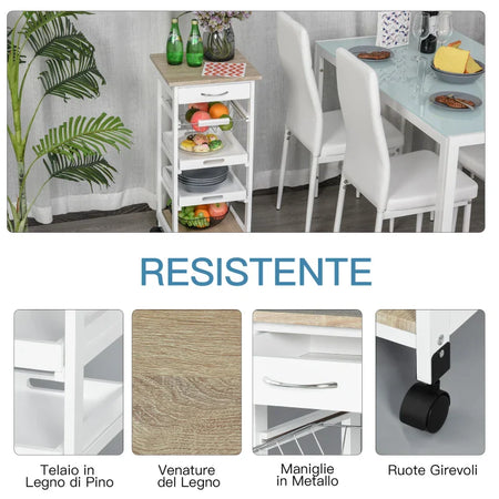 Carrello da Cucina Salvaspazio in Legno Bianco con 4 Ruote 37x37x82cm UH3801-152WTUH3
