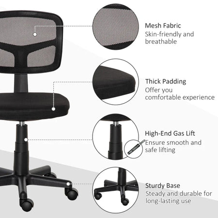 Sedia da Ufficio Ergonomica in Rete Senza Braccioli e Regolabile in Altezza, Nero HN3921-577HN3