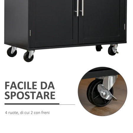 Carrello da Cucina con Cassetti, Portaspezie e Armadietto, Carrello da Portata con 4 Ruote e Piano di Lavoro in Legno, 109x40x89cm, Nero YH9801-178BKYH9