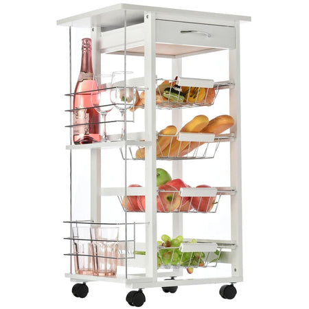 Carrello da Cucina Salvaspazio in Legno Bianco, Portavivande con 1 Piano di Lavoro 1 Cassetto e 4 Cestelli Metallici, 47x37x83cm LK6801-121V01WTLK6