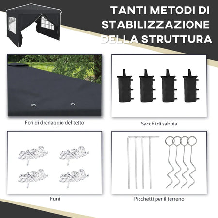 Gazebo 3x3 ad Altezza Regolabile con Fori di Drenaggio e Borsa da Trasporto, in Metallo, Grigio 84C-460V00CG