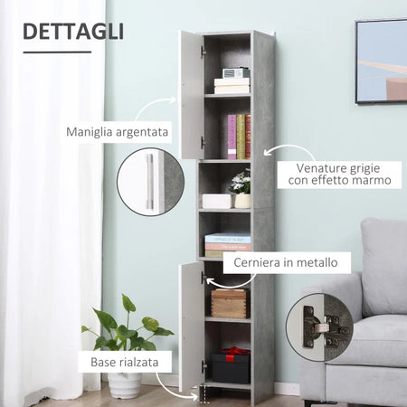 Colonna Bagno con 2 Armadietti e 2 Vani Aperti in Legno Effetto Cemento, 30x30x180cm TY7834-379TY7