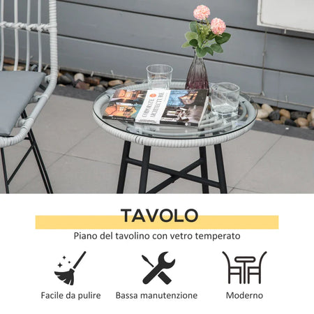 Set Mobili da Giardino 3 Pezzi con Tavolino e Sedie in Rattan PE, Poilestere e Acciaio per Esterni, Grigio 863-087GY