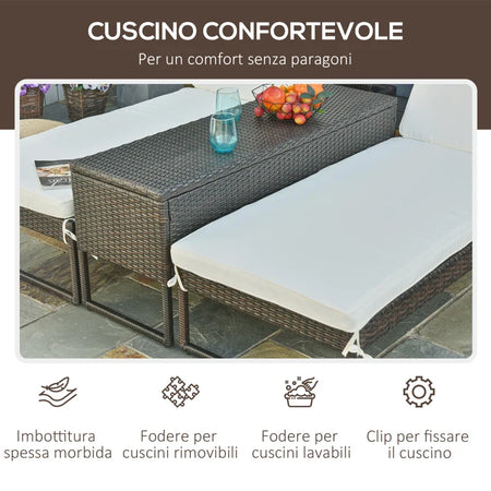 3pz Componibile 2 Lettino Prendisole da Giardino (60 x 195 x 86cm) e 1 Tavolino (121 x 40 x 50cm) Rattan con Materassini, Marrone e Bianco Crema 862-022BN