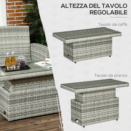 Set da Giardino 4pz in Rattan Grigio con Tavolo ad Altezza Regolabile, 2 Poltrone Reclinabili e Divano 2 Posti  860-276V00LR