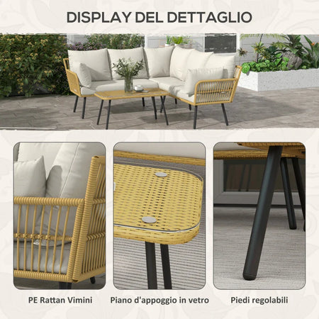 Set da Giardino 4 Pezzi in Rattan PE con Tavolino da Esterni 90x45x42 cm e 2 Divanetti per Esterni 6ex63x74 cm, Bianco Crema 860-324V00CW