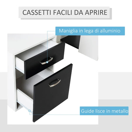 Scrivania per Ufficio con Ripiano Stampante, 2 Cassetti e 3 Mensole, in MDF Bianco e Nero, 137 x 55 x 92cm ZB4920-026ZB4