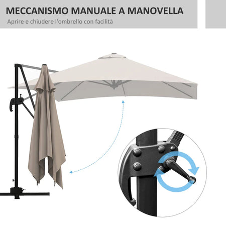 Ombrellone 3x3 m a Braccio con 8 Stecche, Pedale e Manovella, in Alluminio e Poliestere, color Khaki 84D-112V01KK