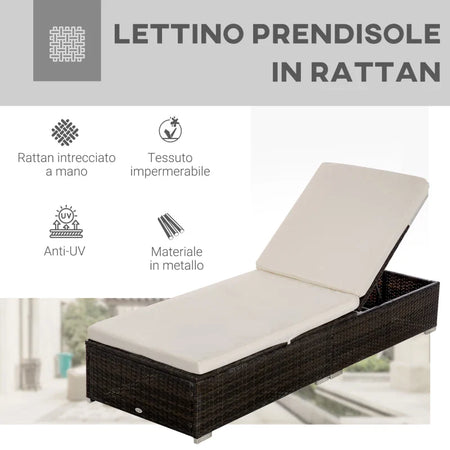 Lettino Prendisole in Rattan PE con Schienale Reclinabile su 5 Posizioni, 195x68x31cm, Marrone 862-025V01BN