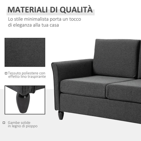 Divano a 2 Posti a Seduta Ampia con Cuscini Rimovibili da Salotto in Tessuto Effetto Lino e Gommapiuma, 141x70x78 cm, Grigio scuro e Nero SE2833-653CGGT2