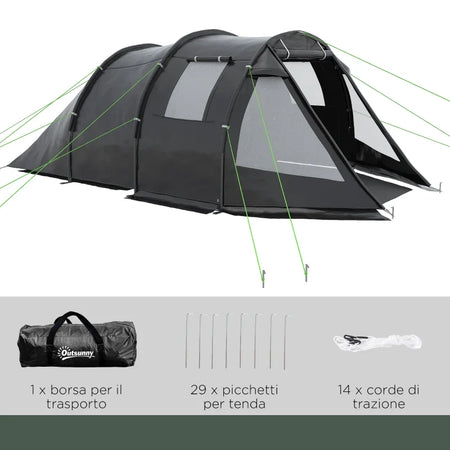 Tenda da Campeggio 3 Posti con 2 Stanze Interne con Finestre e Coperture, 475x264x172 cm, Nero EJ8A20-285V00BKEJ8