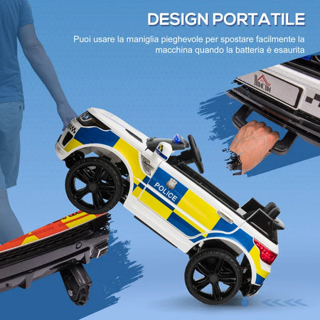 Macchina Elettrica per Bambini della Polizia, Batteria 12V e Telecomando, Sirena Luci Attacco USB per Musica, 110x68x52cm, Bianco LM2370-187V90LM2