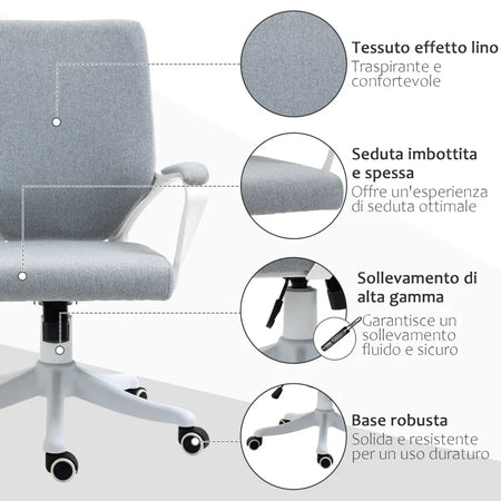 Sedia da Ufficio Ergonomica, Altezza Regolabile e Funzione Dondolo, Poltrona Girevole con Ruote, 62x69x92-100cm, Grigio Bianco JK7921-536GYJK7