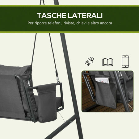 Dondolo da Giardino 2 Posti con Cuscini e Tasche, in Acciaio e Textilene, 168x117x181 cm, Grigio Scuro 84A-332V00CG