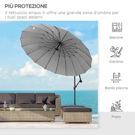 Ombrellone Decentrato da Giardino 3x2.6 m a 18 Stecche con Base a Croce, Grigio 84D-118GY