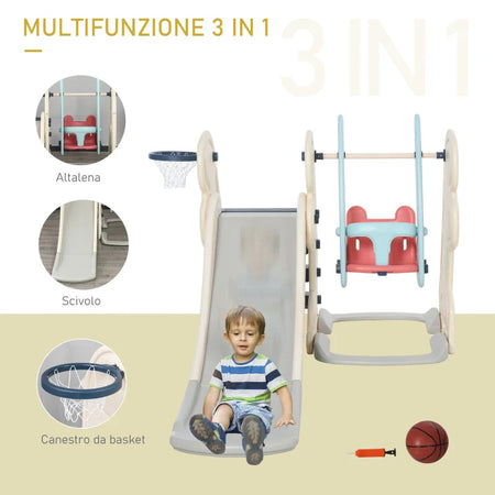 Scivolo 3 in 1 per Bambini con Altalena Regolabile, Canestro e Palle per Cameretta e Giardino, 160x220x120cm, Bianco, Azzurro e Grigio ED9331-002ED9