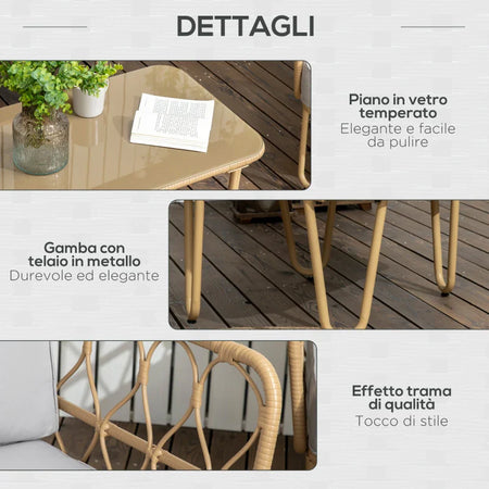 Salotto da Giardino in Rattan Stile Boho con Divano 2 Posti, 2 Poltrone e Tavolino con Vetro 860-287V00YL