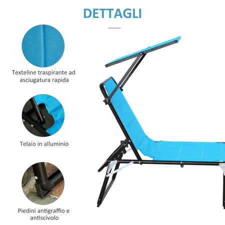 Sedia Sdraio da Esterno Pieghevole con Tettuccio e Rivestimento Imbottito in Gommapiuma, Lettino Prendisole da Giardino con Schienale Regolabile 66x164x81cm Blu 84B-591BU