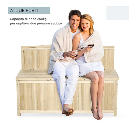 Panca Contenitore da Esterno in Legno di Abete Naturale con Schienale per Giardino e Terrazza, 115x45x75cm  84B-460