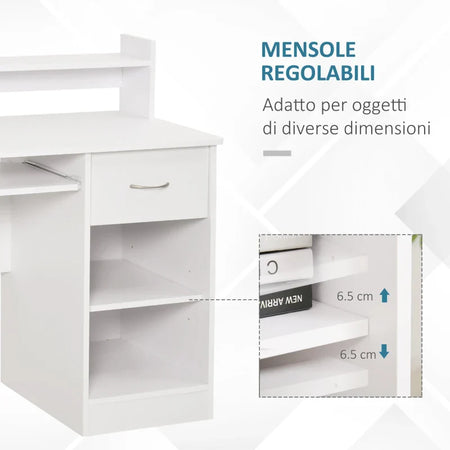 Scrivania per Computer Compatta, Scrivania PC Fisso in Legno Bianco con Ripiano Tastiera Estraibile e Mensole 104x48x95.5cm XN5836-262WTXN5