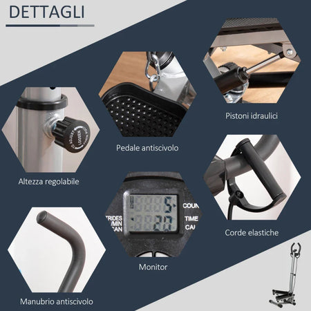 Stepper con Manubrio Regolabile, Monitor LCD ed Elastici, 55x53x118-128cm, Nero OI2A90-279V01SROI2