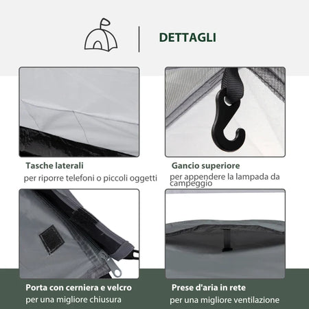 Tenda da Campeggio 2 Posti Impermeabile con Vestibolo, Finestre e Porte con Cerniera, 325x183x130cm Grigio EA1A20-174EA1