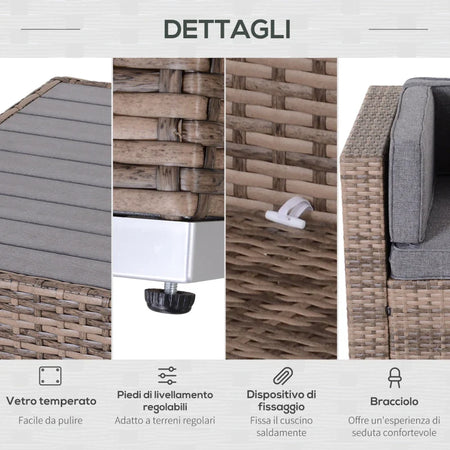 Salotto da Giardino in Rattan da 7 Pezzi con Tavolino e Divano Modulabile con Cuscini, Grigio 860-020V03
