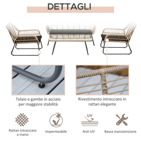 Set Mobili da Giardino Stile Boho in Rattan PE con 2 Poltrone, Divanetto e Tavolino 860-202