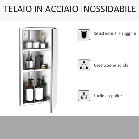 Armadietto Angolare Bagno in Acciaio Anta a Specchio Chiusura Magnetica 3 Ripiani Salvaspazio 60x30x18.4cm TG202-0551TG2