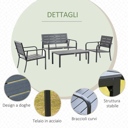 Set Salotto da Giardino da 4 Pezzi con Panchina a 2 Posti, 2 Poltrone e Tavolino, Grigio Scuro 84B-644