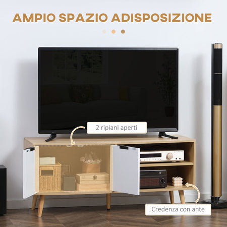 Mobile porta TV 50" max in Legno con 2 Ripiani Aperti e Armadietto, 110x39x48.8 cm , bianco e legno naturale F839-140A