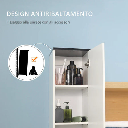 Mobile Bagno con Ripiano Regolabile, 2 Ripiani Chiusi e un Cassetto in Legno, 30x28x180 cm, Bianco GB9834-463GB9