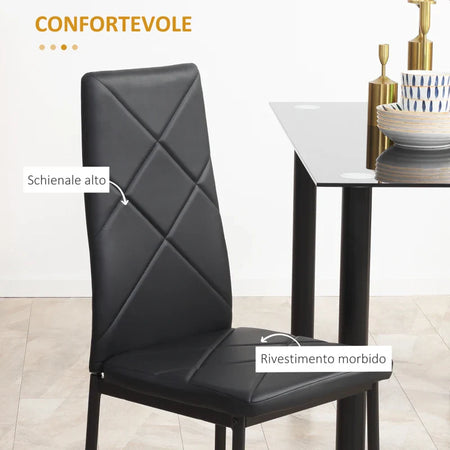 Set di 4 Sedie da Pranzo con Schienale Alto in Finta Pelle e Acciaio, 41x50x97cm, Nero TG1835-835V00BKTG1