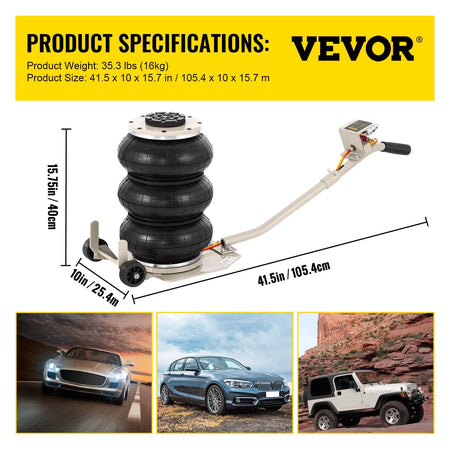 Martinetto Pneumatico VEVOR 3 Tonnellate Sollevamento 140-450mm Gonfiabile a 3 Cuscini d'Aria per Auto SUV Pickup Officina Garage