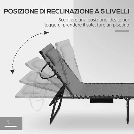 Set 2 Lettini Prendisole con Schienale Reclinabile e Tasca, in Acciaio e Poliestere, 65x188x36 cm, Grigio e Nero 84G-268V01GY