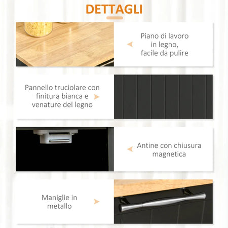 Carrello da Cucina Multiuso in Legno con 2 Cassetti, Armadietto e 4 Ruote, 104x46x91cm, Nero PL6801-203V00BKPL6