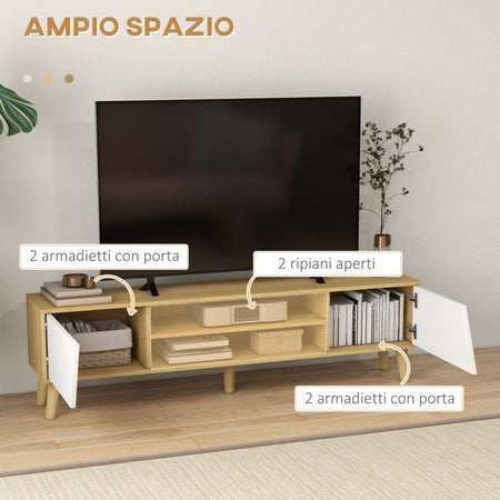 Mobile Porta TV fino 65" con Armadietti e Ripiani Aperti, 150x30x42cm, Bianco e Legno F839-660V00AKA