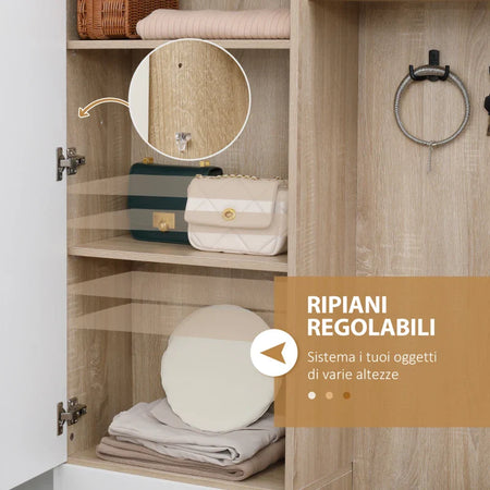 Mobile da Ingresso 4 in 1 in Truciolato con Specchio, Ganci e Ripiani Regolabili Interni, 145x29x184 cm HJ6837-256V00WTHJ6