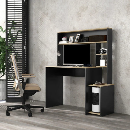 Scrivania Moderna con Ripiani e Supporto per CPU in Legno, 114x45x138cm, Grigio e Legno Naturale CK1920-081V00GYCK1