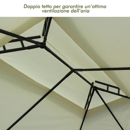 Gazebo da Giardino 3x4m in Acciaio con Doppio Tetto e 4 Tende Laterali, Crema 01-0872