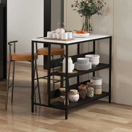 tavolo bar angolo cucina con Mensole, Isola Piano Effetto Marmo e Struttura in Metallo, 100x50x90cm, scaffale Nero e Bianco multiuso ufficio studio bagno F801-338V80BKA