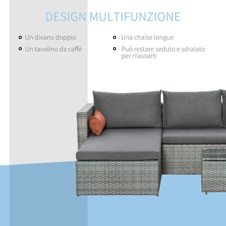 Mobili da Giardino Set 3 Pezzi in Rattan PE con 2 Divani e Tavolino da Caffè, Grigio 860-175GY