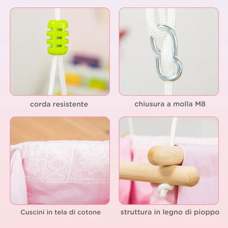 Seggiolino Altalena per Bambini in Tessuto e Legno con Cuscino, 40x40x180cm, Rosa TG6344-027PKTG6